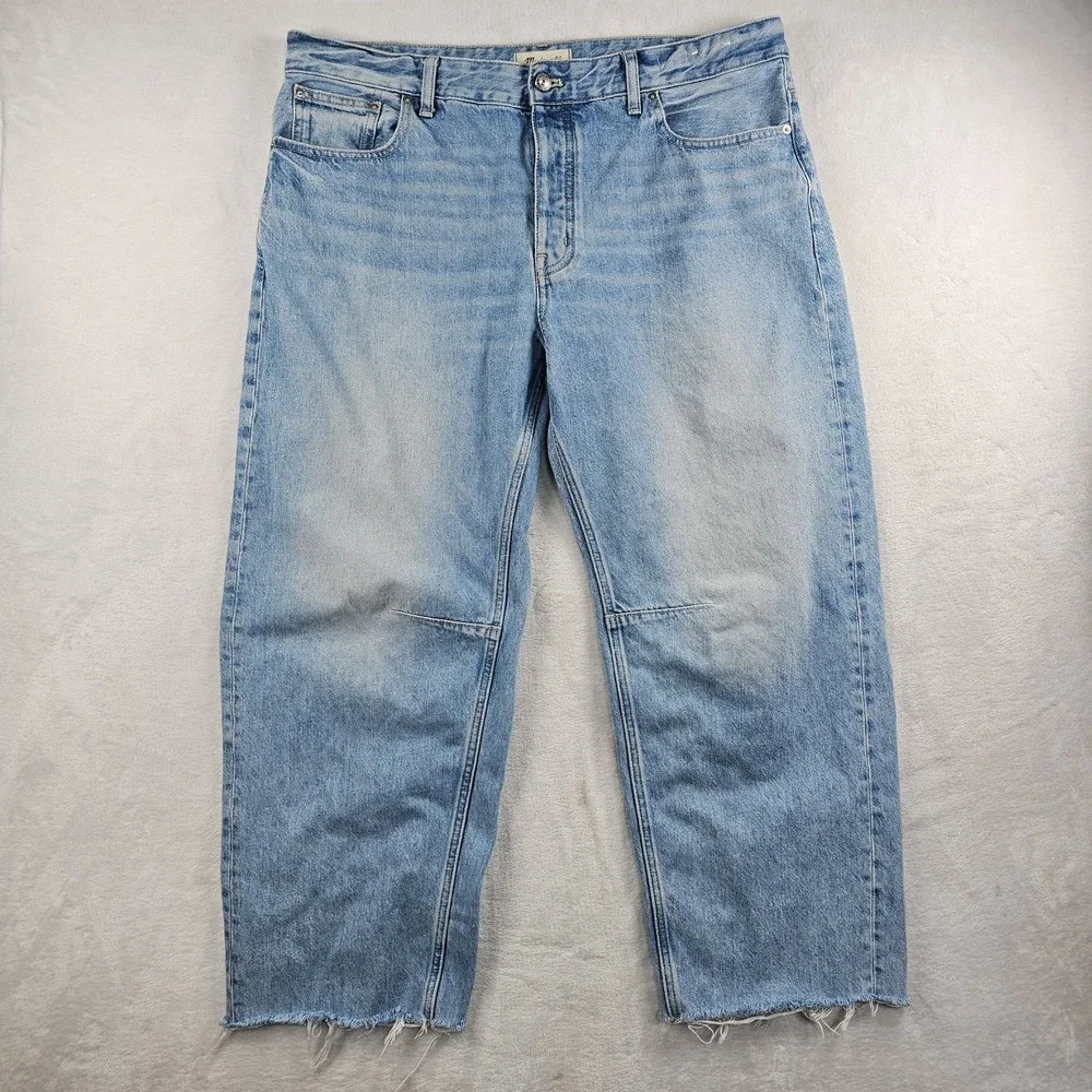 Madewell The Darted Barrel-Leg Jean Womens 32 Boho Distressed Raw Fray Hem Relax